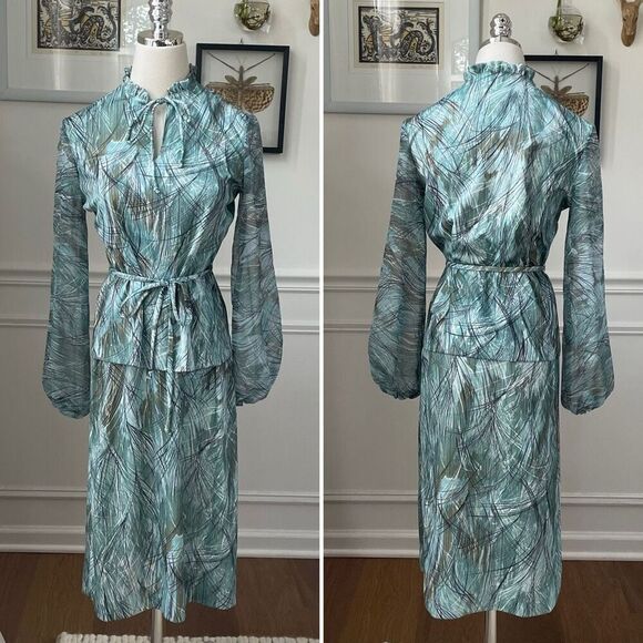 Vintage 70s 2pc Blouse Skirt Green Brown Retro Crosshatch Pattern S - Picture 1 of 8